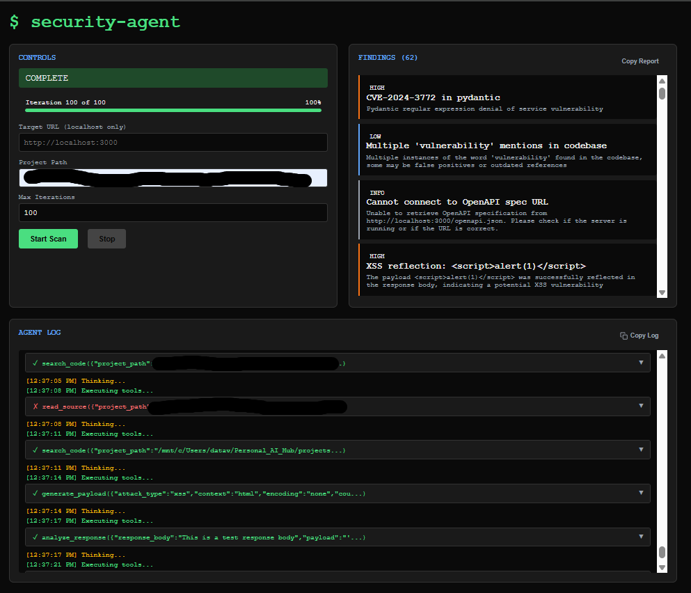 Security Agent Dashboard showing real-time scan progress with tool calls and findings